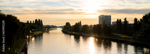 the german mittelland channel in the morning panorama photo