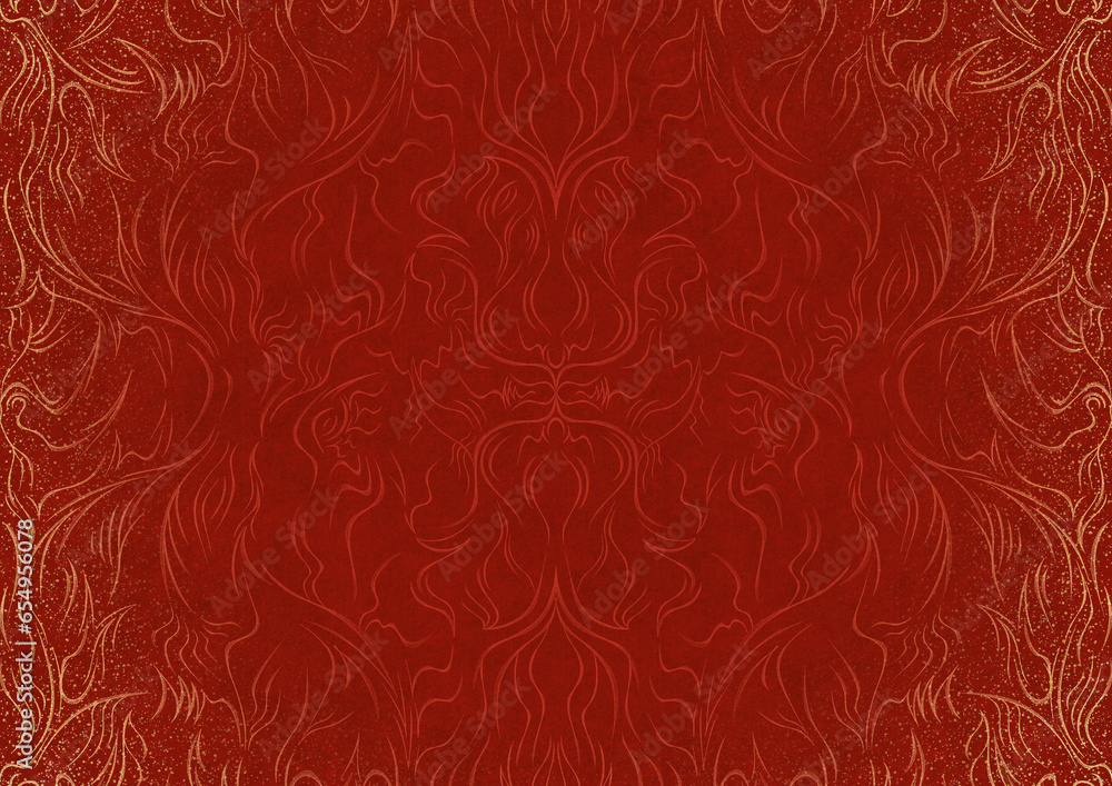 Hand-drawn unique abstract ornament. Light red on a bright red background, with vignette of same pattern and splatters in golden glitter. Paper texture. Digital artwork, A4. (pattern: p11-1a) Hand-drawn unique abstract ornament. Light red on a bright red background, with vignette of same pattern and splatters in golden glitter. Paper texture. Digital artwork, A4. (pattern: p11-1a)