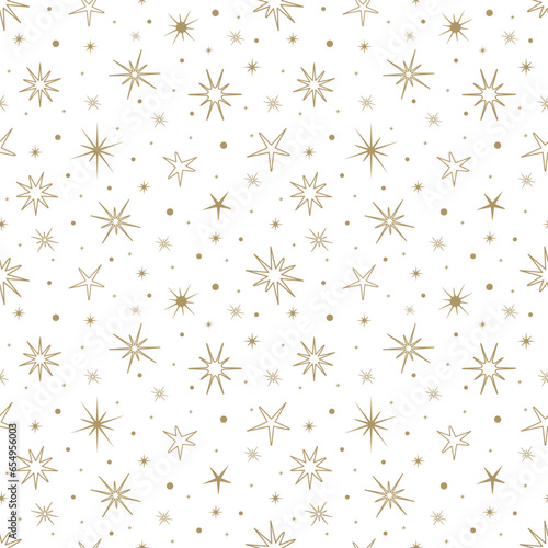 Gold stars with seamless pattern, magic celestial night. Golden stars. Bohemian symbols. Vector illustration isolated on white background. White night.