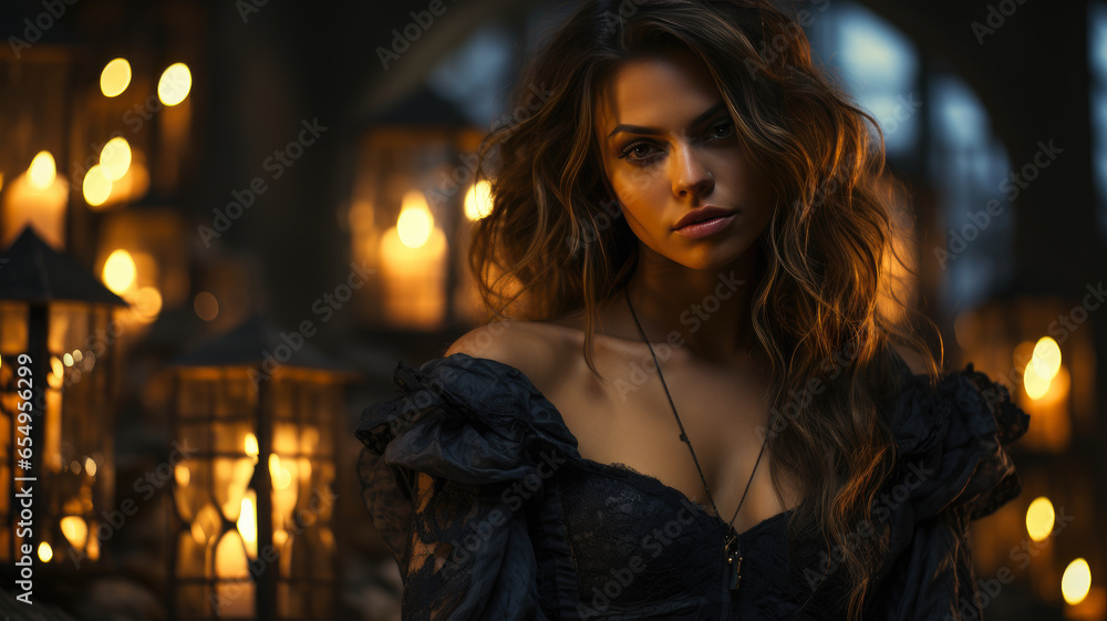 Fototapeta premium Halloween Theme Model Photography Shoot - Stylish and Spooky Portrait, AI-Generated 8K