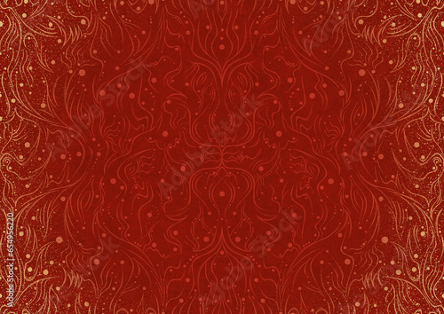 Hand-drawn unique abstract ornament. Light red on a bright red background, with vignette of same pattern and splatters in golden glitter. Paper texture. Digital artwork, A4. (pattern: p11-2a)