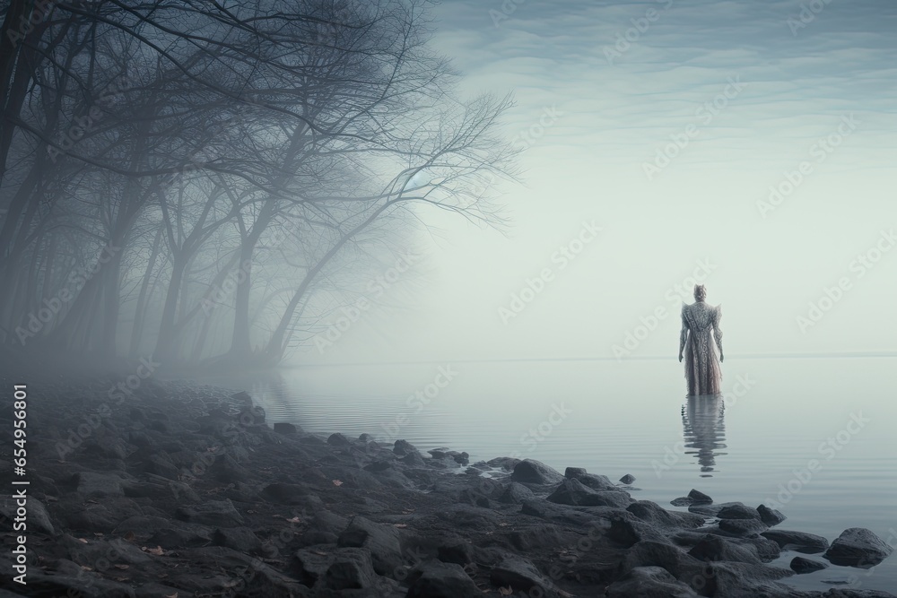Surrealism and mysticism invisible figure in the fog on the lake shore  - obrazy, fototapety, plakaty 