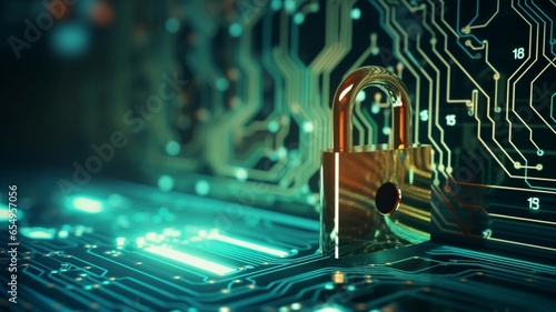 tech background with padlock on circuit modern safety cybersecurity concept