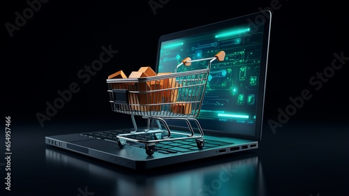 A shopping cart emitting from laptop shopping concept photo