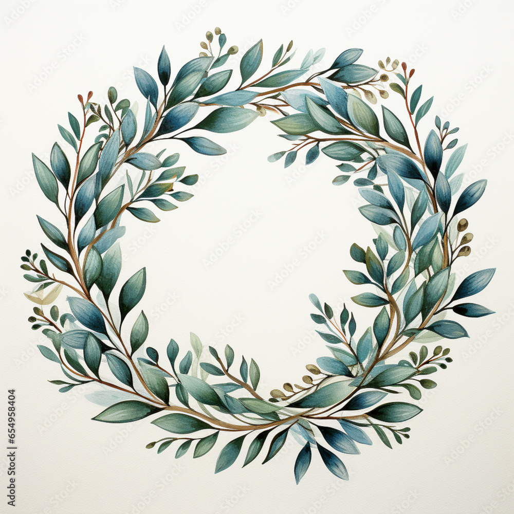 a wreath drawn  in watercolor, in the style of dark gray and light azure