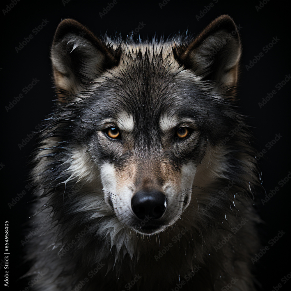 Fototapeta premium portrait of a beautiful wild wolf in black background