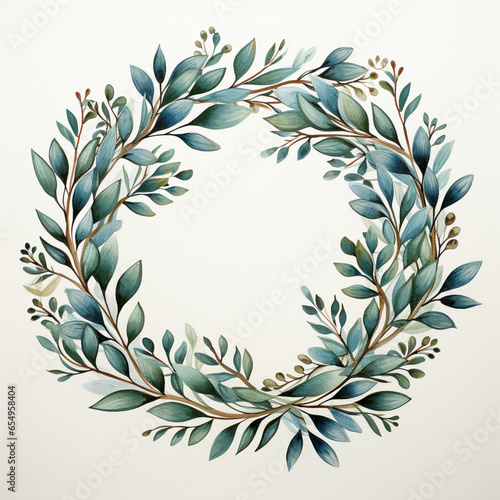 a wreath drawn in watercolor, in the style of dark gray and light azure