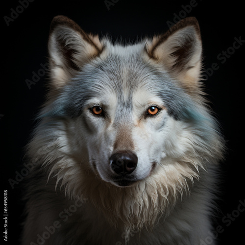 portrait of a beautiful wild wolf in black background