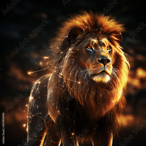 abstract artwork of a lion in gold light on black background