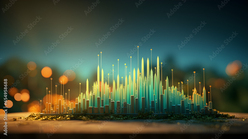 3d illustration of a chart showing growth with connected wires and hints of yellow strong streaks of daylight shining through, impactful feel and simple, strong depth of field and feeling of movement  - obrazy, fototapety, plakaty 