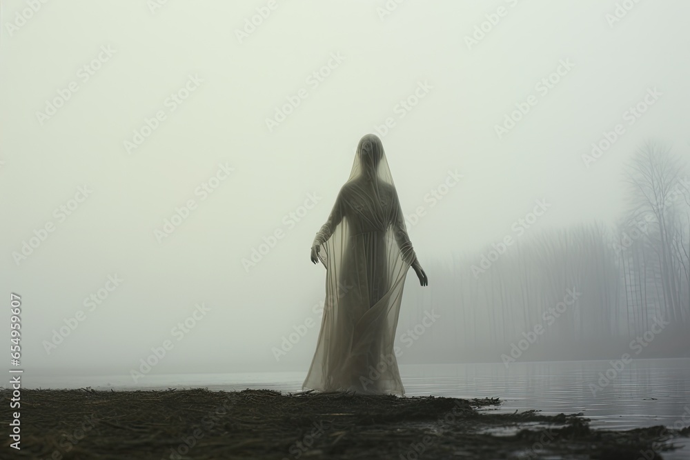 Surrealism and mysticism invisible figure in the fog on the lake shore Surrealism and mysticism invisible figure in the fog on the lake shore