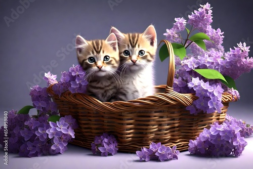  kitten is sitting in a basket full of spring lilacs and look at camera © Jasmeen