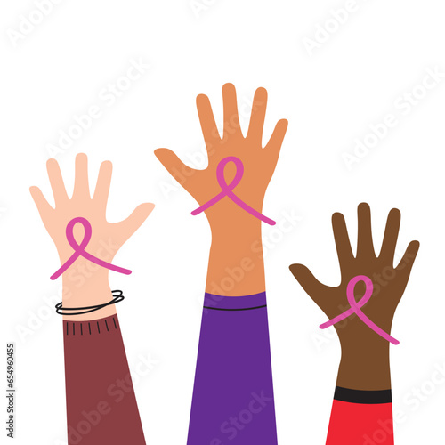 Breast cancer awareness prevention concept, women different skin colors hands holding pink ribbon symbol to support fight for health cancer vector flat illustration on isolated background, for design