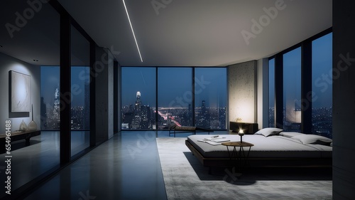 The interior of a modern apartment in a skyscraper with a bed