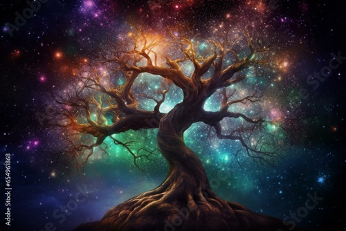 A mystical tree connecting the cosmic realms. Generative AI
