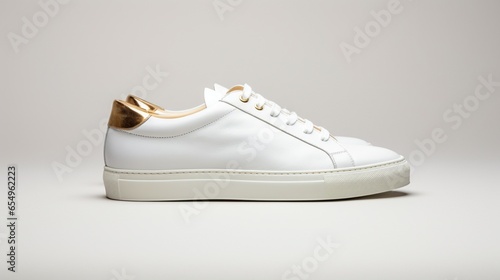 a pair of minimalist white sneakers with a touch of opulence, such as subtle gold detailing and fine leather construction