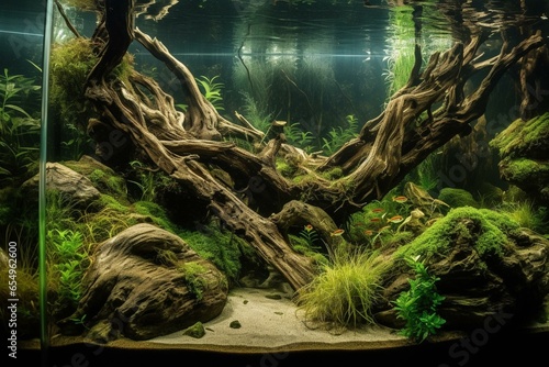 An enchanting aquascape aquarium featuring underwater plants, driftwood, rocks, and fish in perfect harmony. Generative AI photo