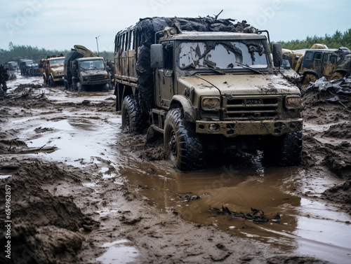 Modern military vehicles stuck i a mud during rainy season