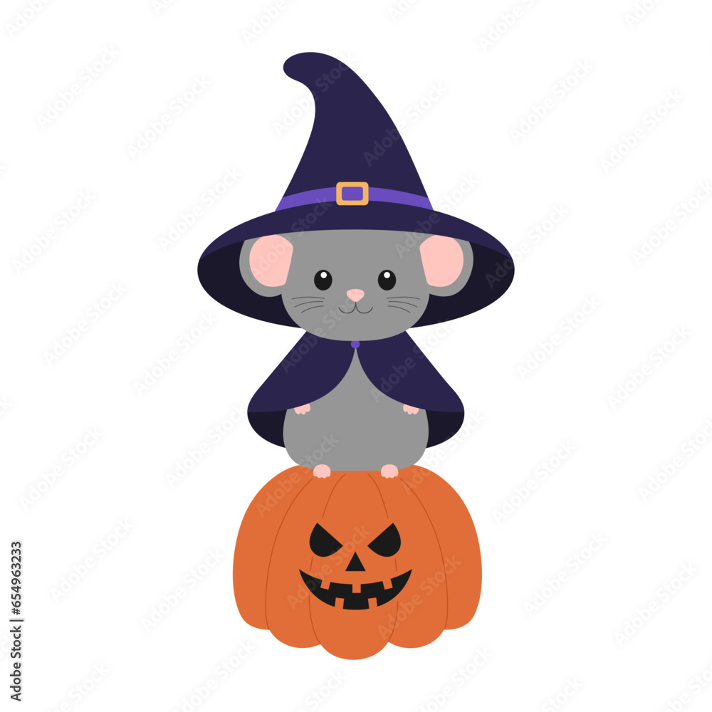 Cute little mouse in witch hat and mantle standing on scary pumpkin. Halloween design with animal. Vector flat illustration for banner, poster, greeting card