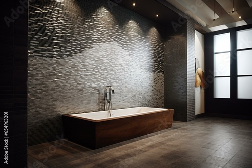 Polished mosaic tiles form a 3D rendered wall with concrete, semigloss, and brick, creating a modern look. Generative AI photo