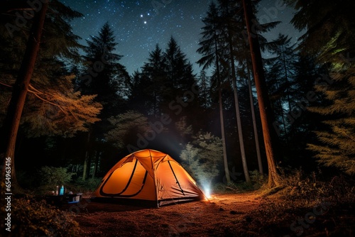 Nighttime camping tent amid forest. Generative AI