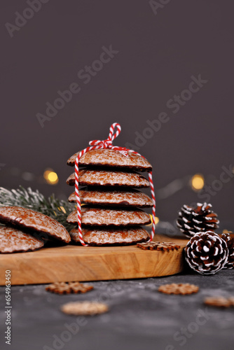 Stacks of traditional German round glazed gingerbread Christmas cookie called 'Lebkuchen' with copy space