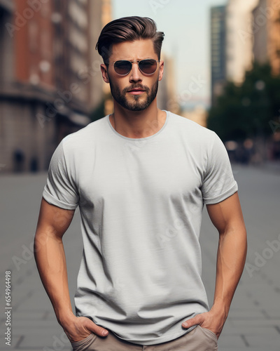 Young man wearing blank gray t-shirt and sunglass. Model t-shirt mockup. Blur background