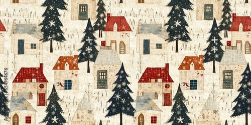 Tableau sur toile Rustic country christmas cottage with primitive hand sewing fabric effect
