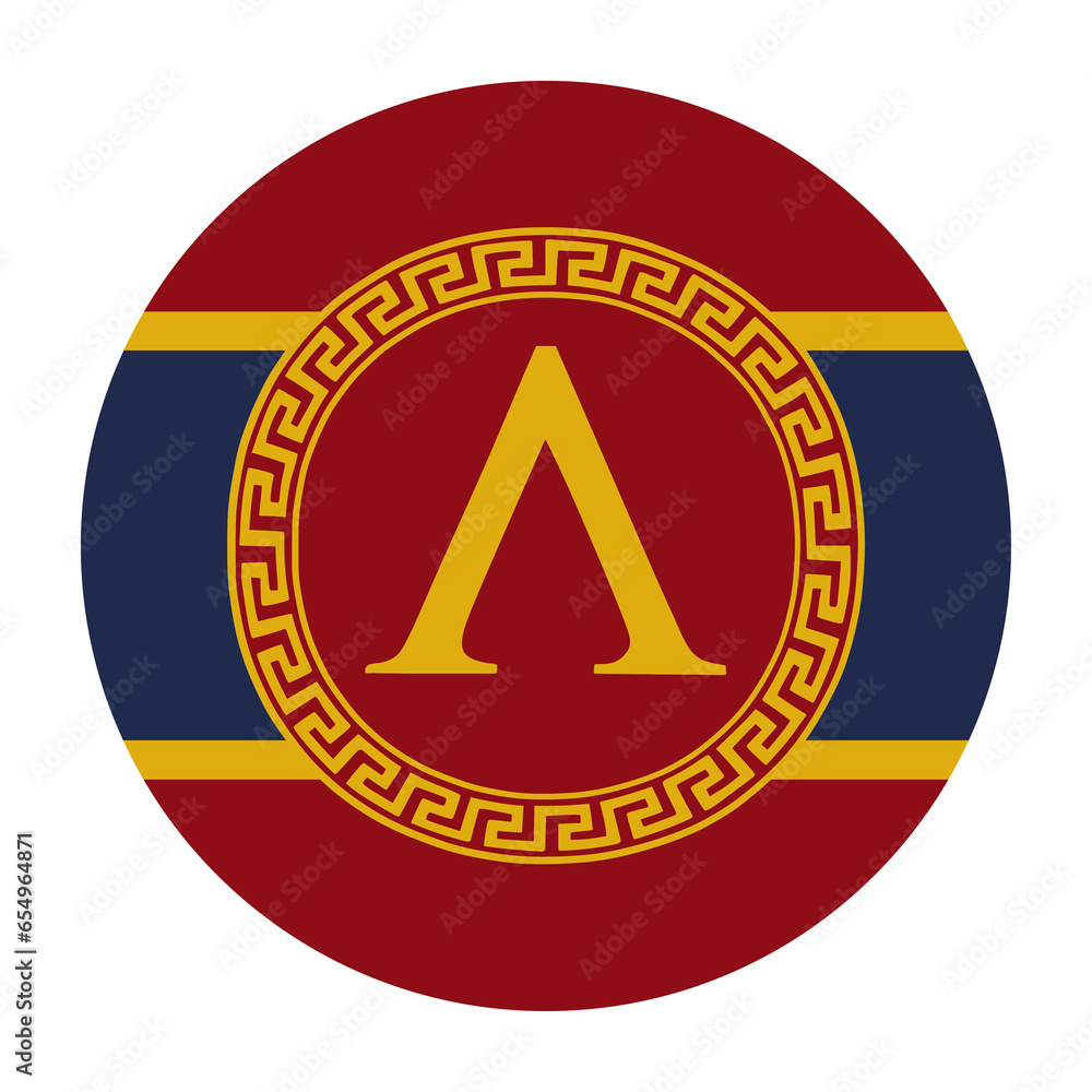Circle badge Sparta flag vector illustration isolated. Spartan flag symbol. Ancient flag of Sparta polis roundel banner. City state symbol in ancient Greece. Brave warriors symbol from antique Greek. Circle badge Sparta flag vector illustration isolated. Spartan flag symbol. Ancient flag of Sparta polis roundel banner. City state symbol in ancient Greece. Brave warriors symbol from antique Greek.