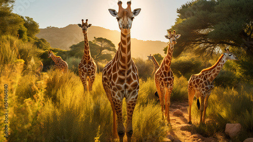 A group of giraffes gracefully moving through a lush green landscape  AI Generative.