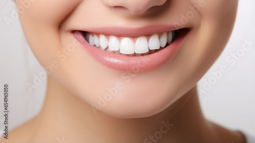 Generative AI, girl with beautiful white healthy teeth smiling, charming snow-white smile, dentistry advertising, oral care, mouth, face, cute woman, space for text, background