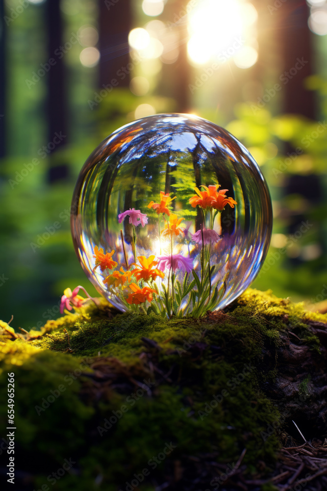 Glass sphere full of flowers lying on the ground of a forest Glass sphere full of flowers lying on the ground of a forest