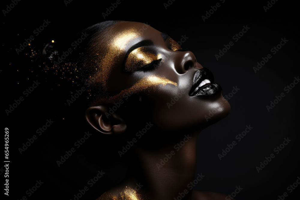african woman with golden make-up on black background