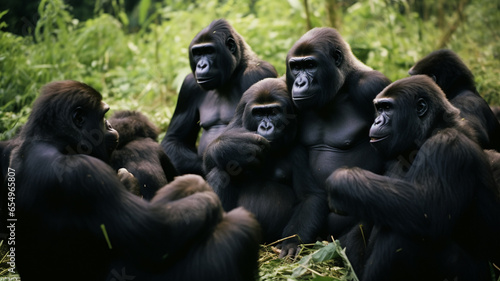 A group of gorillas engaged in a grooming session, showcasing their social bonds and cooperative behavior. AI Generative.