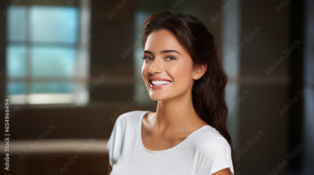 Generative AI, girl with beautiful white healthy teeth smiling, charming snow-white smile, dentistry advertising, oral care, mouth, face, cute woman, space for text, interior background Generative AI, girl with beautiful white healthy teeth smiling, charming snow-white smile, dentistry advertising, oral care, mouth, face, cute woman, space for text, interior background