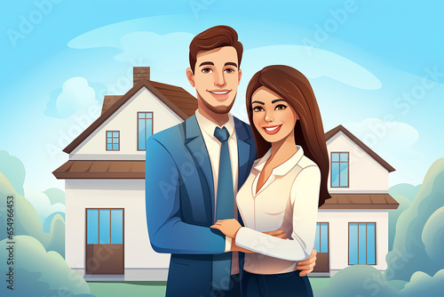 Young couple standing in front of new home: a life style and real estate dream