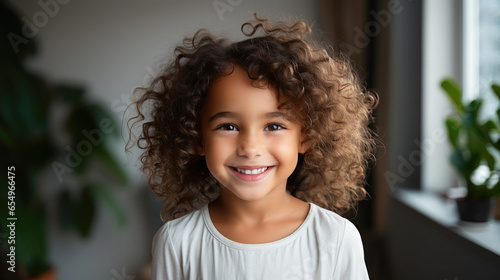 Generative AI, little girl with beautiful white healthy teeth smiling, charming snow-white smile, dentistry advertising, oral care, mouth, face, cute child, space for text, dental clinic for kids