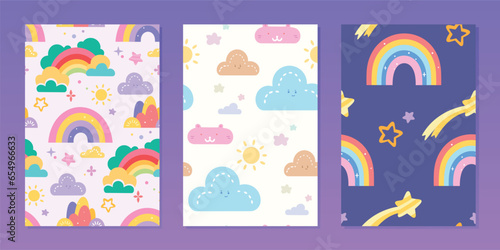 Collection of three childish seamless patterns with vector flat illustrations of rainbows, clouds, stars, suns, comets, can be used for fabric, textile, paper, clothes, books, packaging, etc.