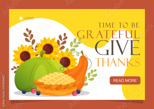 Pumpkin pie with sunflowers illustration for thanks giving banner