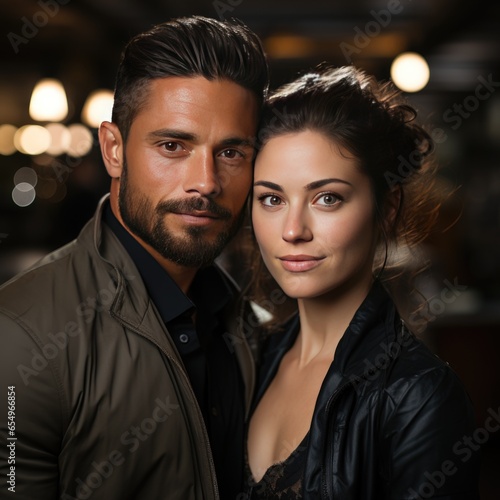 attractive couple, a guy and a girl with fair skin and brown hair, posing in a bar on a blurred background. Young friends in love. Portrait of lovely young couple express mutual love.