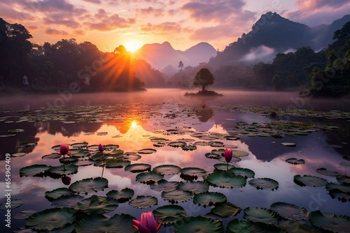 Stunning sunset over karst mountains and serene water lily pond in Vietnam. Generative AI photo