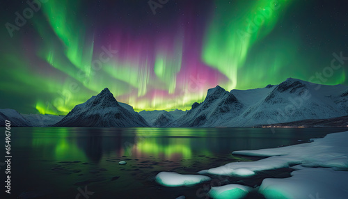 Enchanting Northern Lights Reflection: Ocean and Mountains
