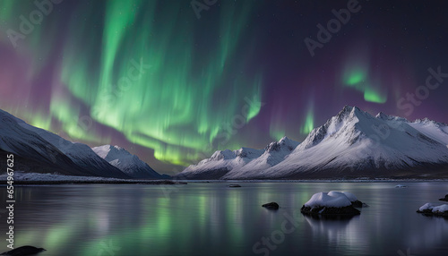 Enchanting Northern Lights Reflection: Ocean and Mountains