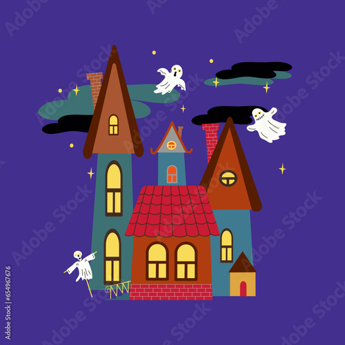 Night cartoon City, fairy-tale houses. Halloween holiday. Postcard, banner with ghosts. Vector illustration.