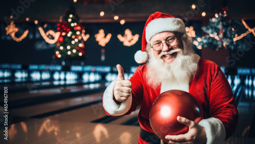 Obraz na plátne Santa Claus giving thumbs up in Bowling on Christmas poster - FIctional Person,