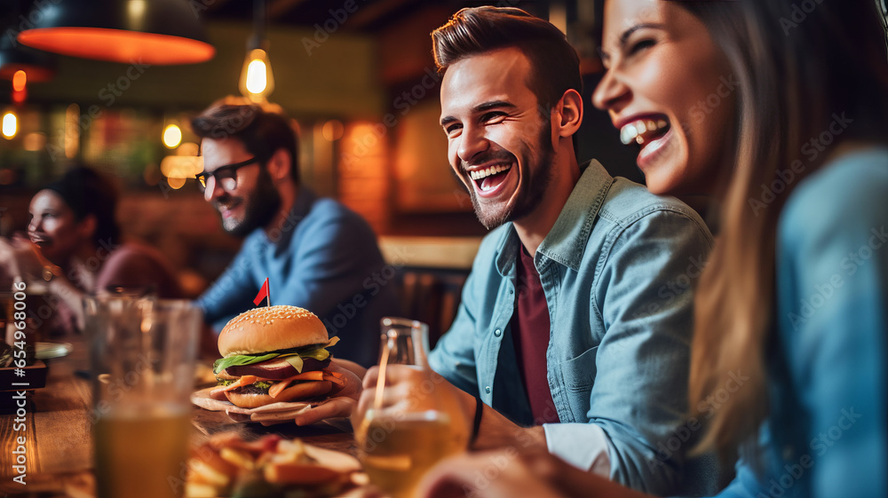 Cheerful man eating burger and having fun while gathering with friends in a bar.
