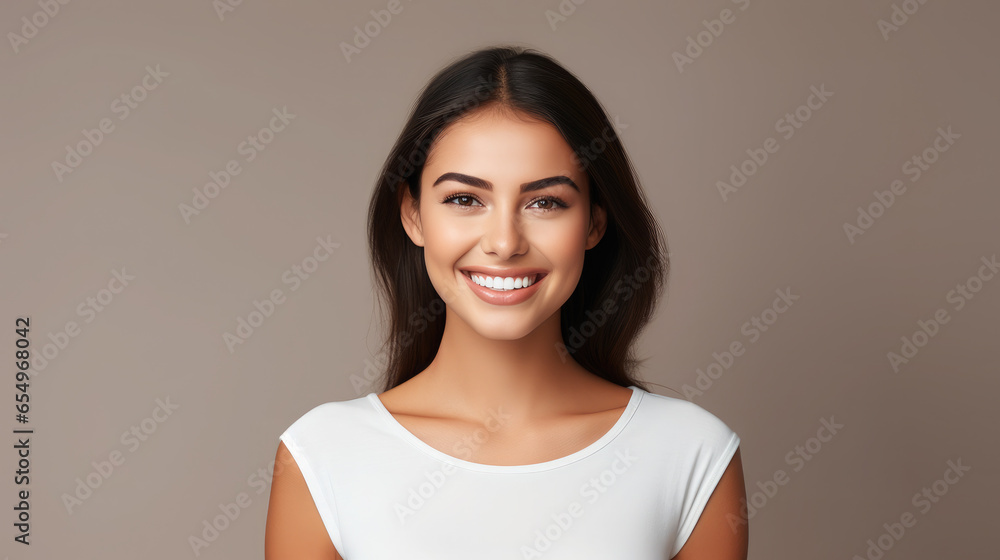 Generative AI, girl with beautiful white healthy teeth smiling, charming snow-white smile, dentistry advertising, oral care, mouth, face, cute woman, space for text, interior background Generative AI, girl with beautiful white healthy teeth smiling, charming snow-white smile, dentistry advertising, oral care, mouth, face, cute woman, space for text, interior background