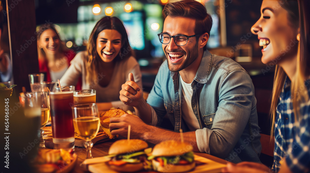 Cheerful man eating burger and having fun while gathering with friends in a bar. - obrazy, fototapety, plakaty 