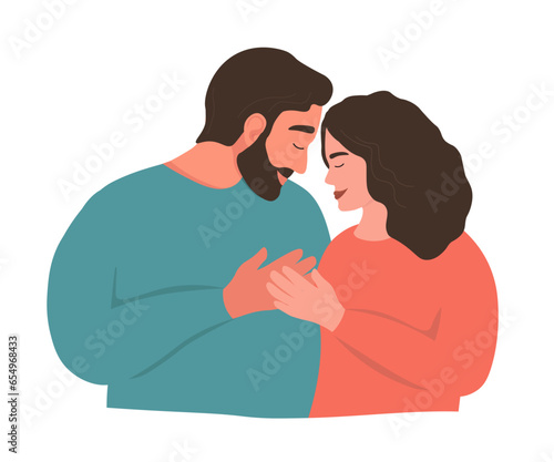 Happy family together. A man and a woman hug, looking at each other with tenderness. Beautiful couple in love. Vector flat graphics.