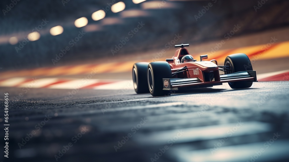 The starting line of the international race track's asphalt with a race car. The track is passed by a racer in a race car. - obrazy, fototapety, plakaty 